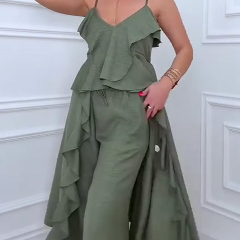 Women's Fashion Ruffle Hem Spaghetti Top Drawstring Wide Leg Pants Set