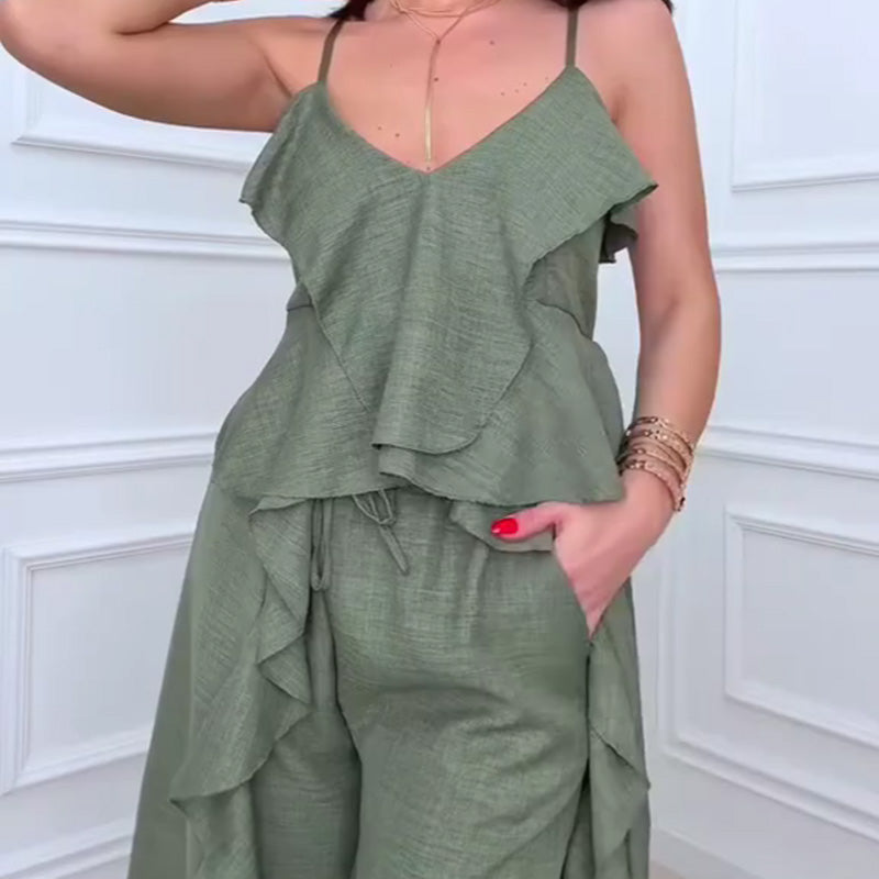 Women's Fashion Ruffle Hem Spaghetti Top Drawstring Wide Leg Pants Set